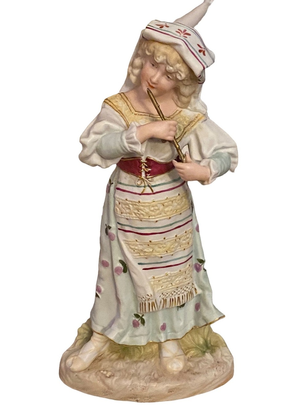 Antique Bavarian Or Czech Flute Playing Lady Porcelain Painted Bisque Figurine